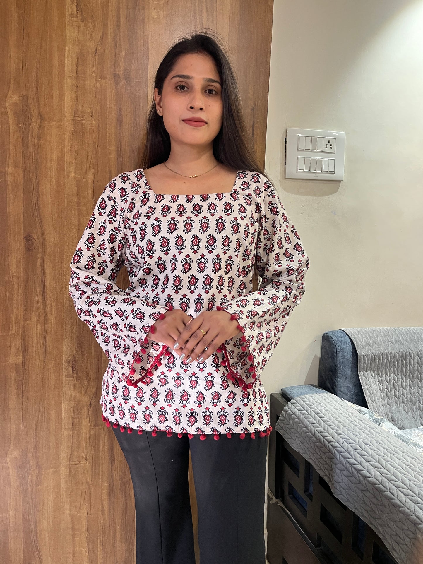 White Printed Short Kurti with Pom Pom Lacework